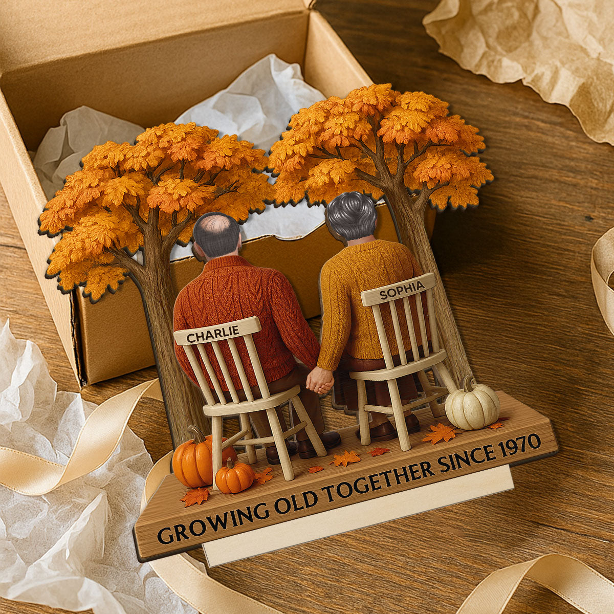 3D Effect Fall Season Back View Couple Growing Old Together Personalized 2-Layer Standing Wooden Plaque