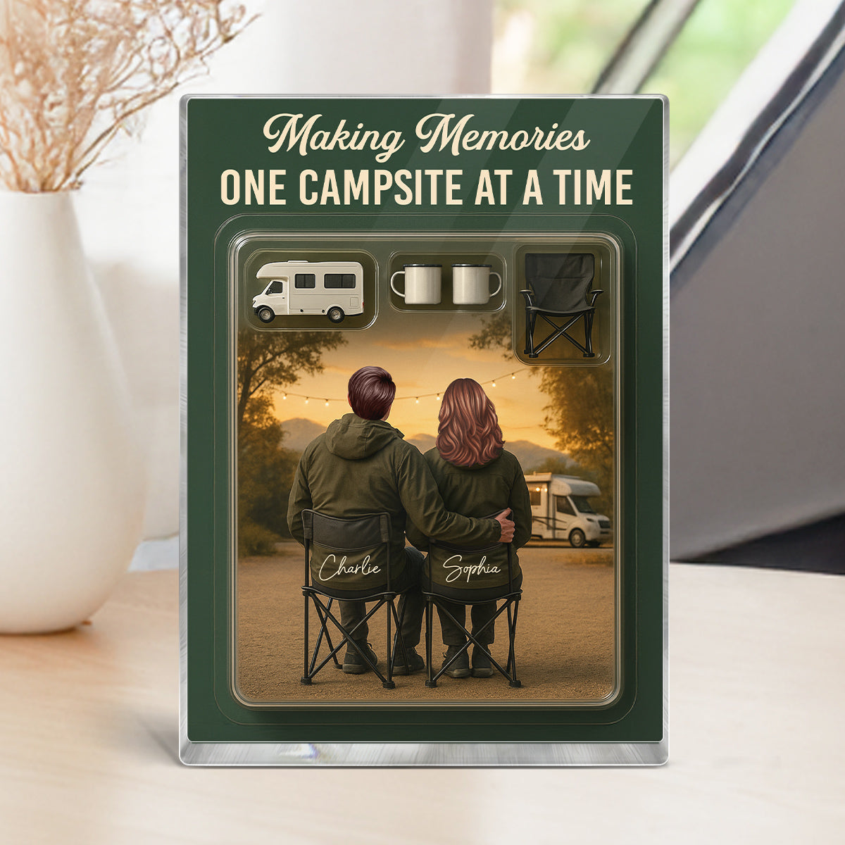 3D Effect Camping Couple Toy Box Custom Figure Personalized Rectangle Acrylic Block Plaque