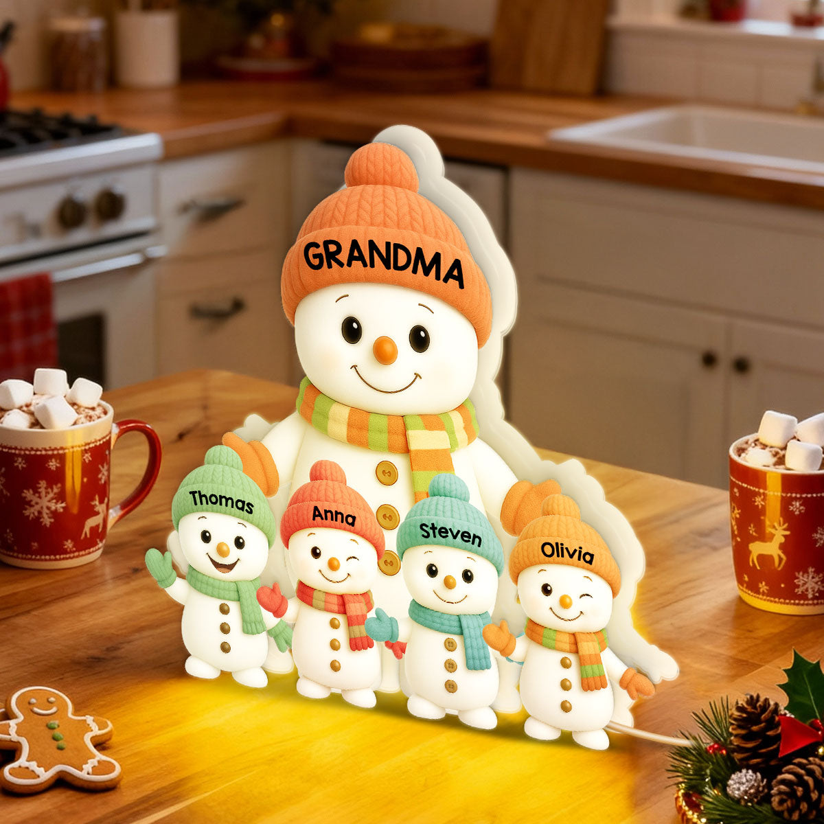 Pastel Color Christmas Grandma Grandkids Snowman Together - Personalized Light Box
