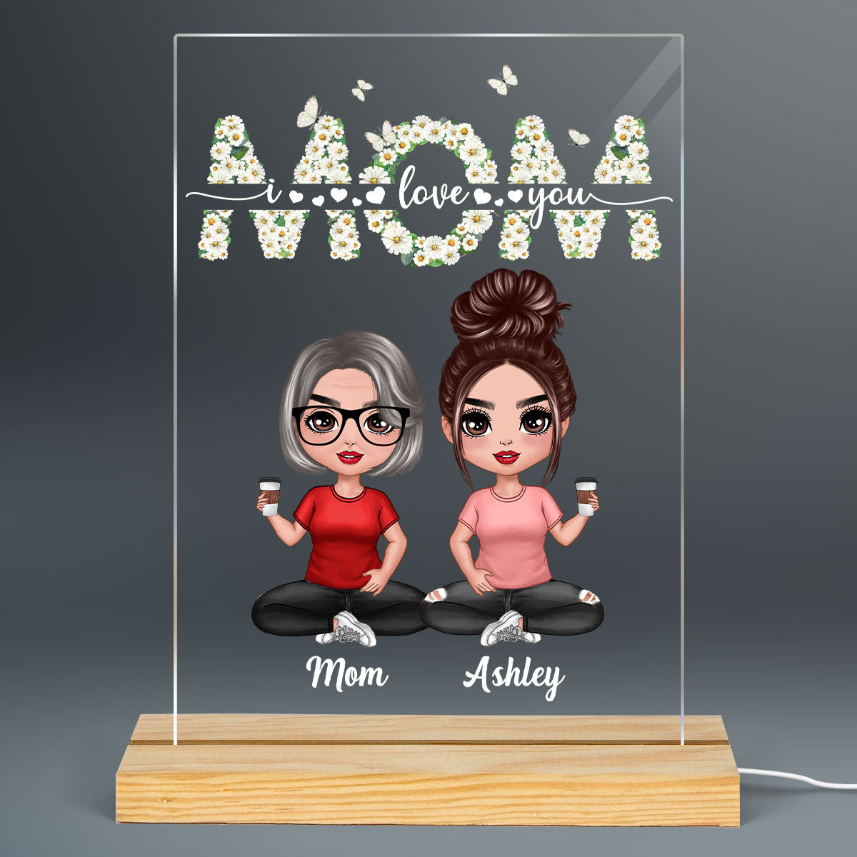 Floral Mother Daughter Sitting Personalized Rectangle Acrylic Plaque LED Night Light