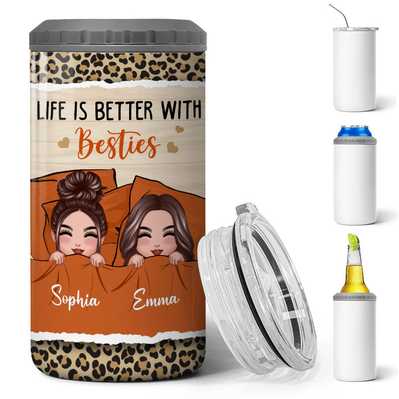 Best Friends Sisters On Bed Personalized 4 In 1 Can Cooler