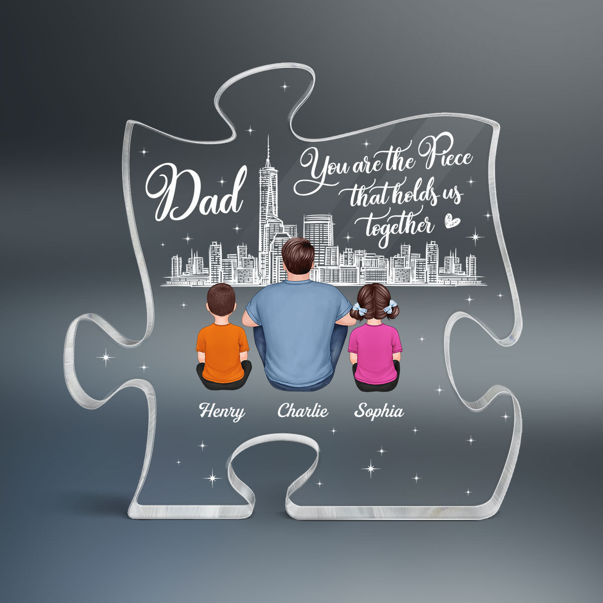 Dad You Are The Piece That Holds Us Together Back View Man Sitting With Kids Dogs Cats Personalized Puzzle Acrylic Block Plaque