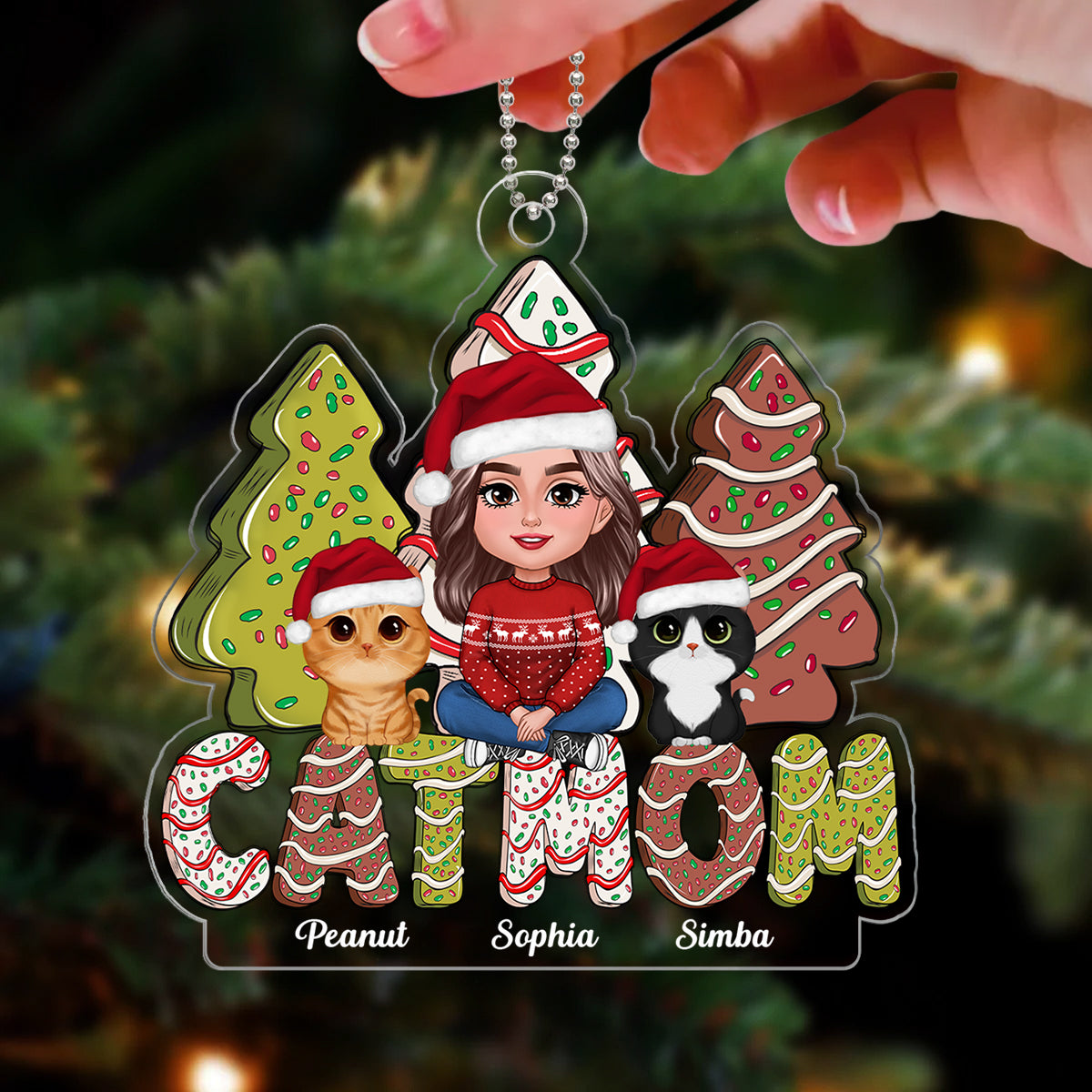 Cat Mom Sitting Christmas Tree Cake Christmas Gifts Personalized Acrylic Ornament