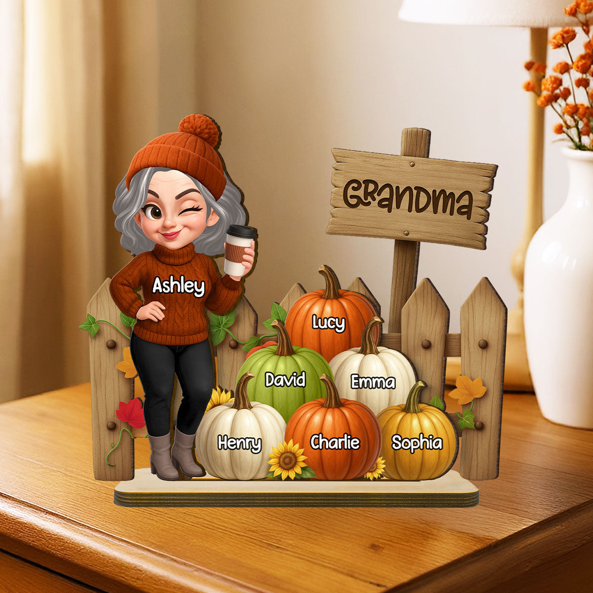 Grandma Fall Season Standing At Fence Pumpkins Personalized Standing Wooden Plaque