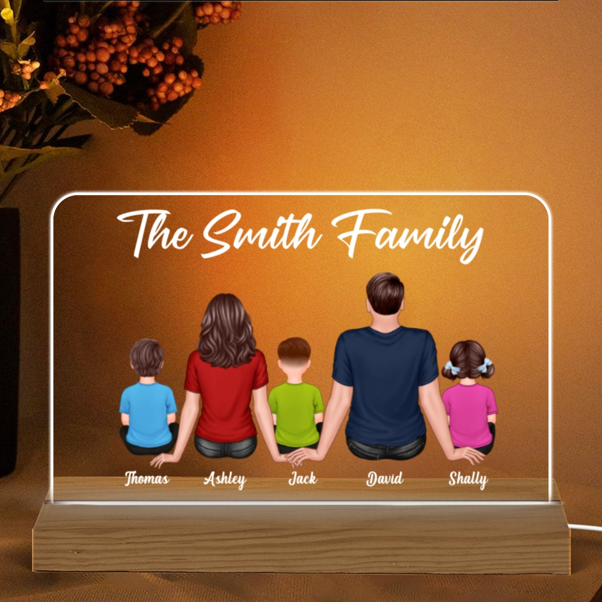 Back View Whole Family Couple Dad Mom Kids Dogs Cats Sitting Personalized Warm Custom Shape Acrylic Plaque LED Night Light