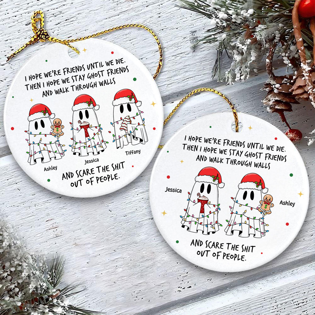 Ghost Friends Funny Christmas Gift Personalized Circle Ceramic Ornament, Christmas Gift for Best Friends, Besties, Coworkers