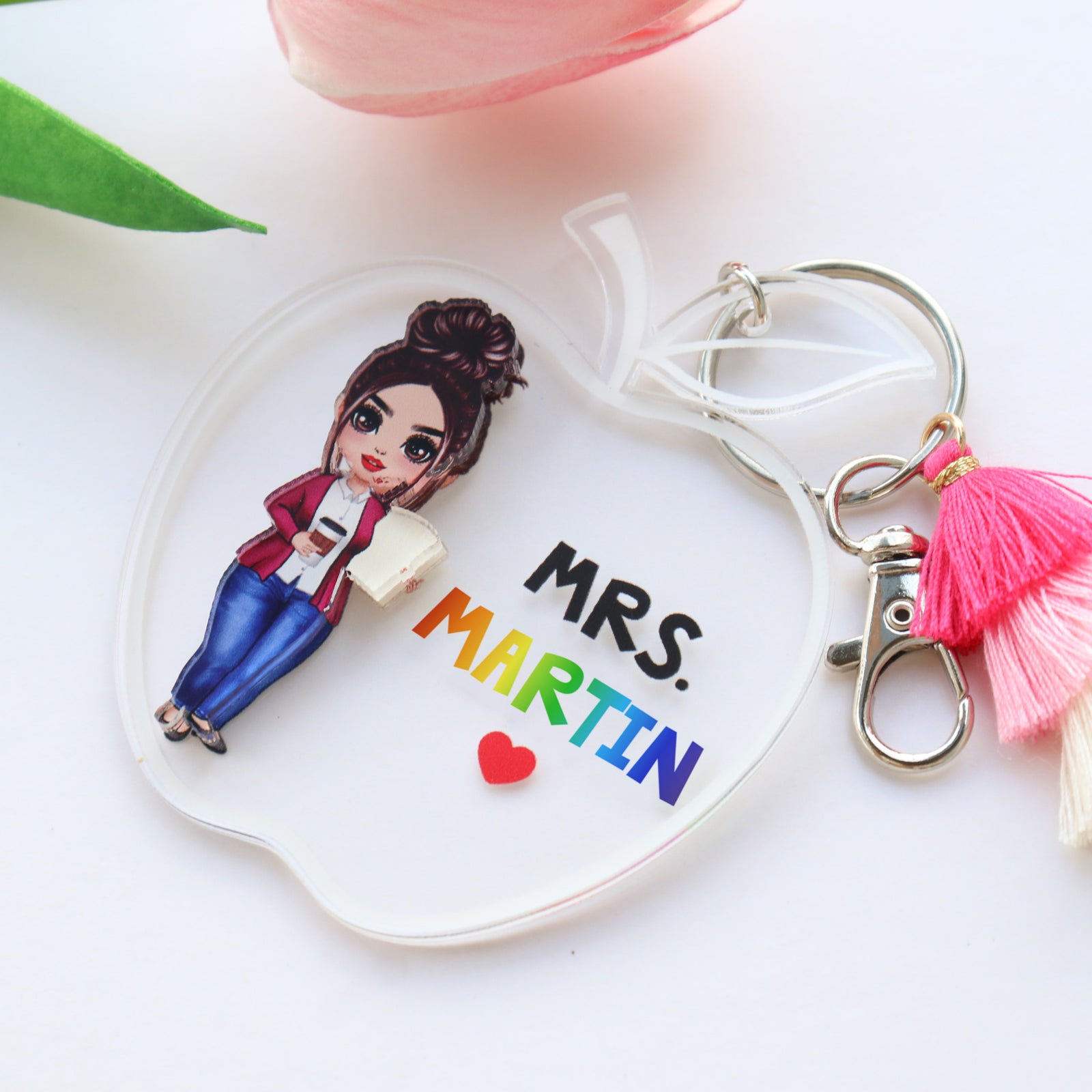 Doll Teacher Apple Shaped Personalized 2-Layer Acrylic Keychain