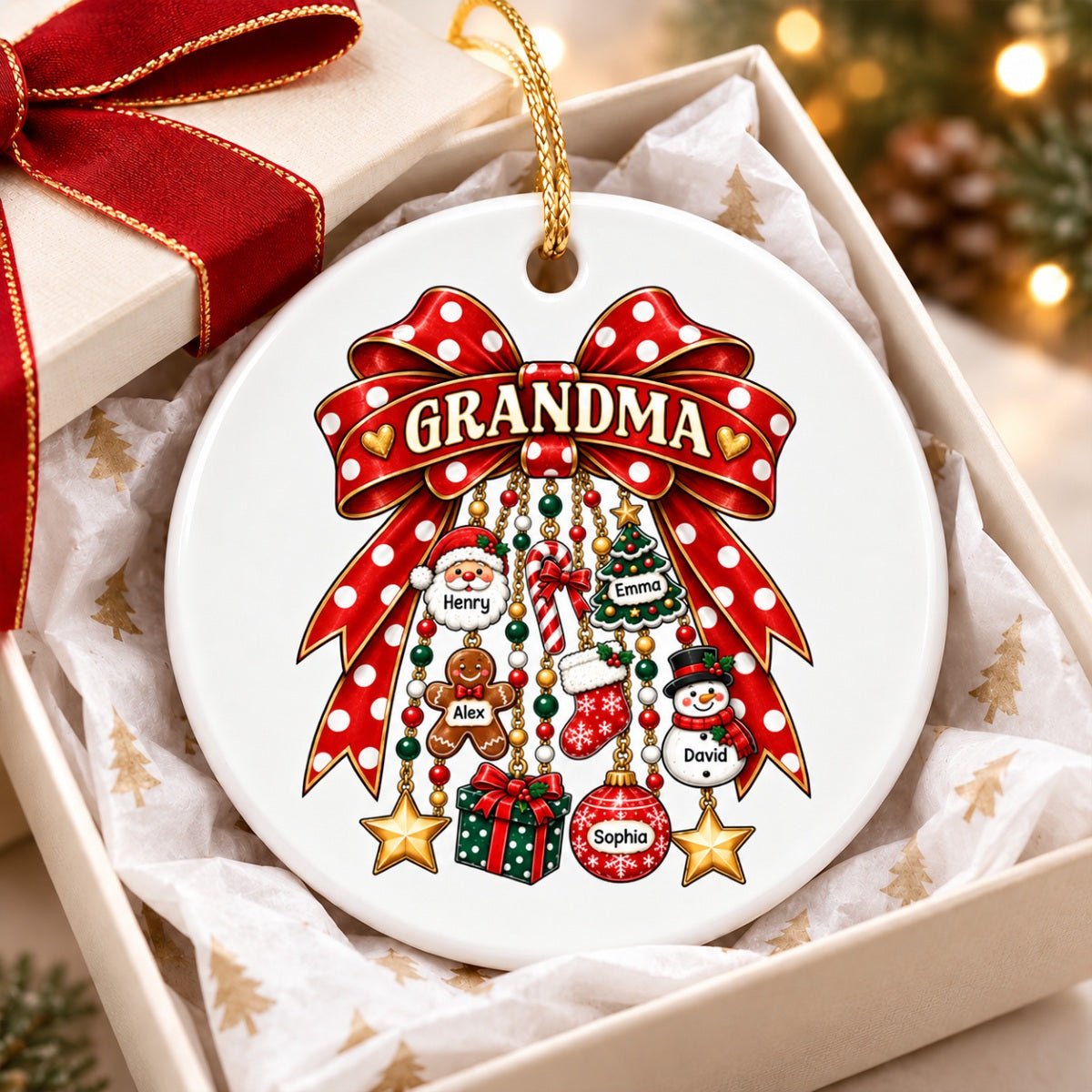 Grandma Retro Christmas Charm Bow - Personalized Ceramic Ornament - Trendy Christmas Ornament for Grandma