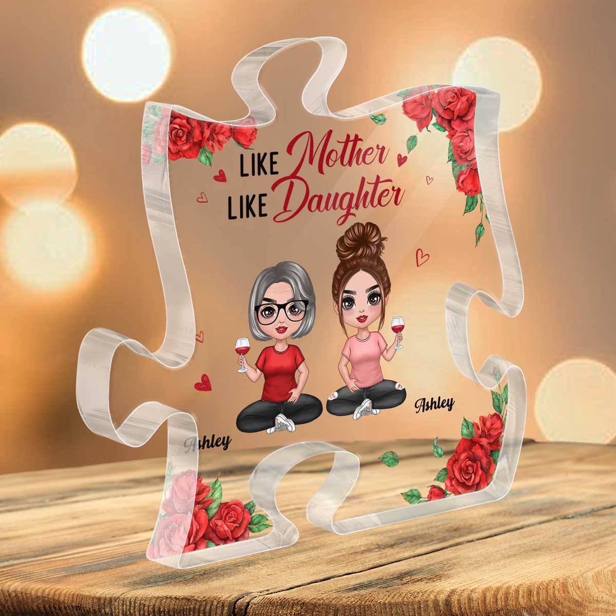 Rose Pattern Doll Mom And Daughters Sitting Gift For Mom Personalized Puzzle Acrylic Plaque