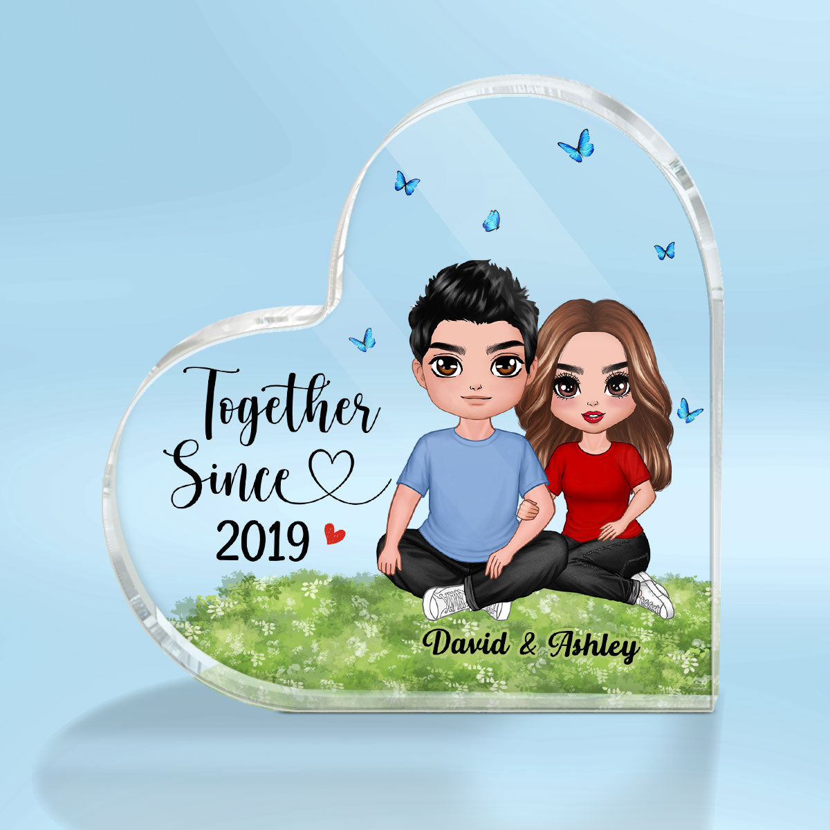 Embracing Couple Sitting On Grass Personalized Heart-Shaped Acrylic Plaque