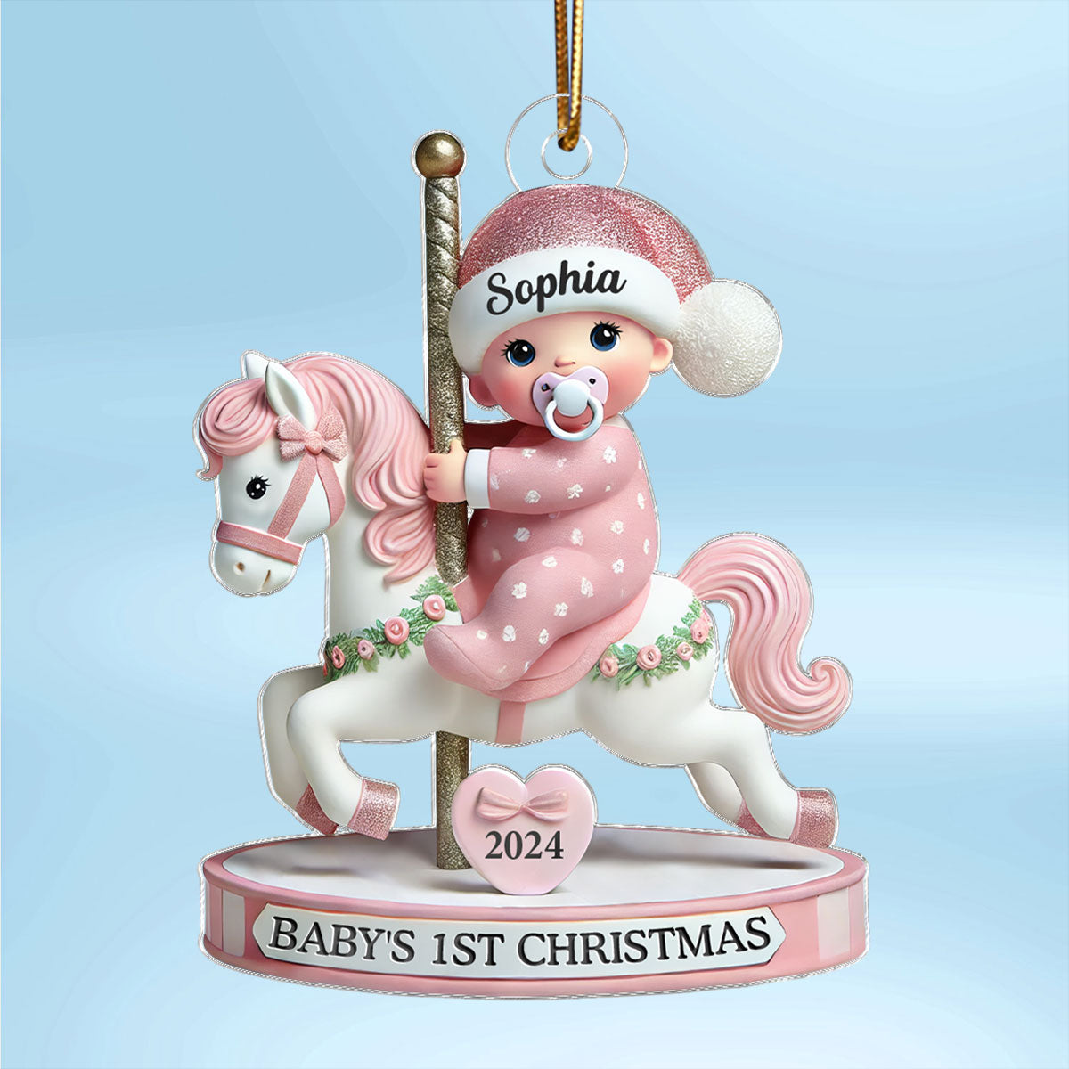 Baby On Merry-go-round Horse 1st Christmas Keepsake 3D Effect Personalized Acrylic Flat Ornament