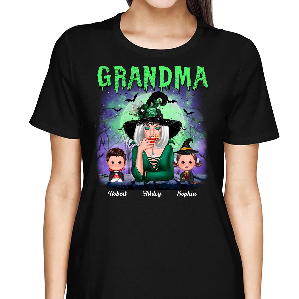 Halloween Neon Green And Purple Grandma With Grandkids Personalized Shirt