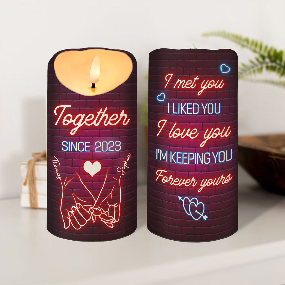 Couple Love Message Neon Light Theme Hand In Hand Outline Personalized LED Candle