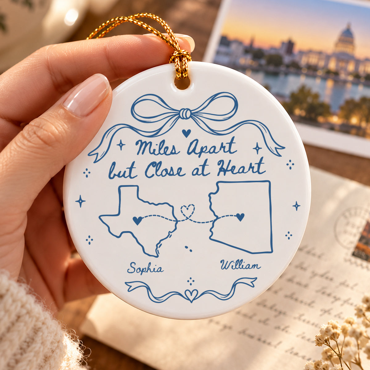 Miles Apart But Close At Heart Hand-Drawn State Map – Personalized Ceramic Ornament – Long Distance Christmas Gift For Family, Couple & Friends