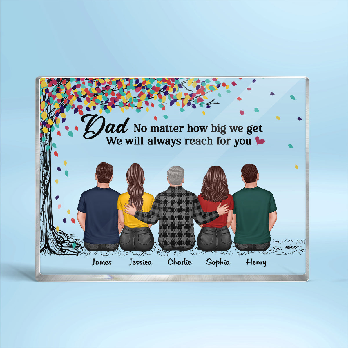Back View Dad And Daughters Sons Sitting Under Colorful Tree Personalized Horizontal Rectangle Acrylic Block