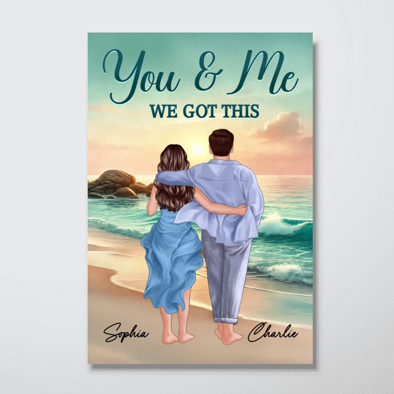 Back View Couple Embracing & Walking On The Beach Personalized Poster, Heartfelt Gift For Couple, For Him, For Her, Boyfriend, Girlfriend, Husband, Wife