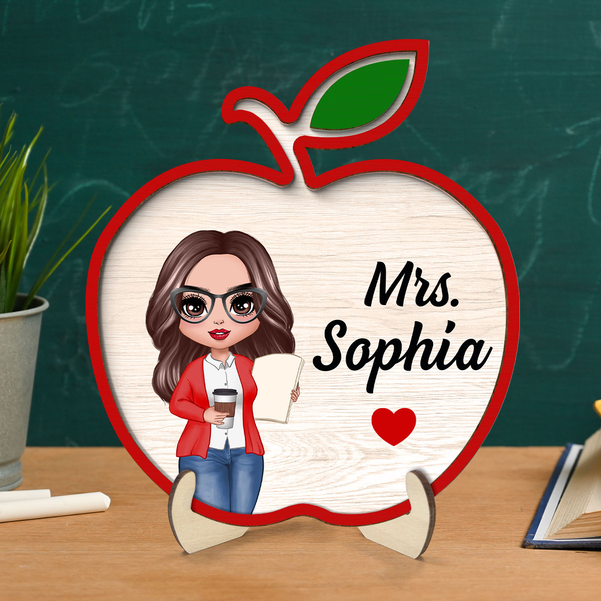 Doll Teacher Apple Shaped Personalized 2-Layer Wooden Plaque, Back To School Gift For Teacher, Office Decor