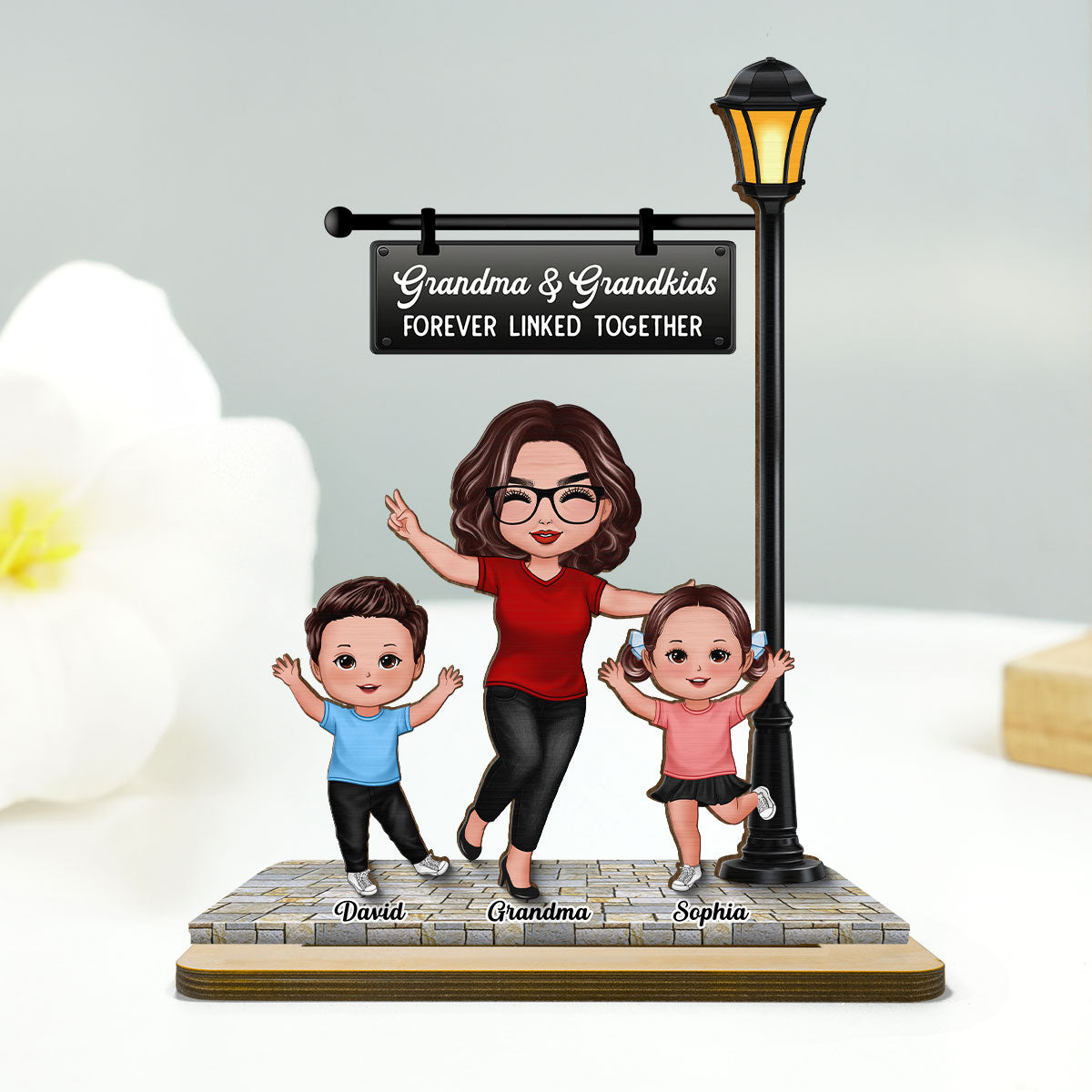 Grandma Grandkids Under Lamp Post Personalized 2-Layer Standing Wooden Plaque, Heartfelt Gift For Grandma, Grandkids