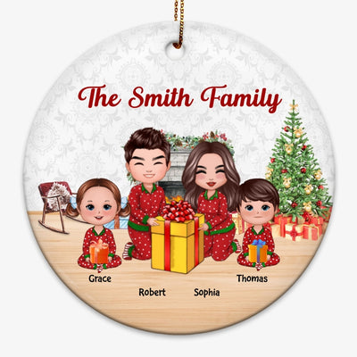 Doll Family Opening Christmas Gifts Personalized Circle Ornament