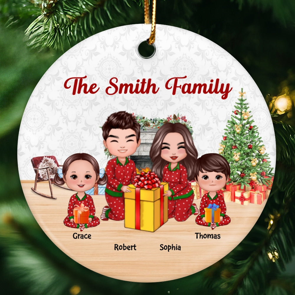 Doll Family Opening Christmas Gifts Personalized Circle Ornament