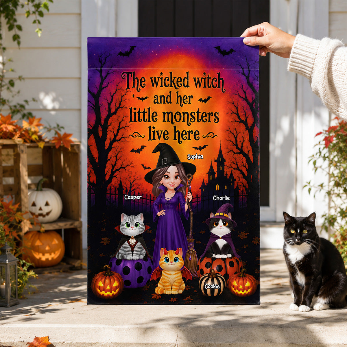 Halloween Wicked Witch And Little Monters Cats - Personalized Garden Flag