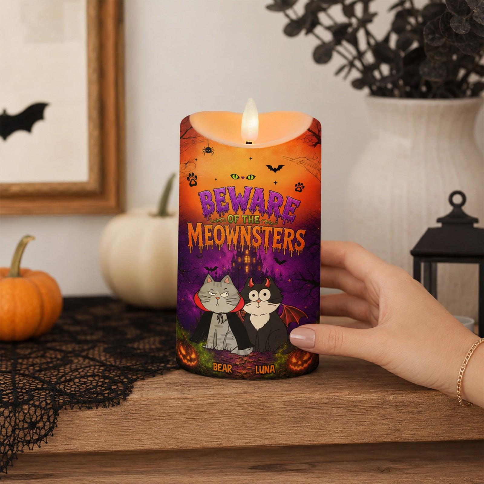 Beware Of The Meownsters - Personalized LED Candle - Purrfect Halloween Decor for Cat Lover