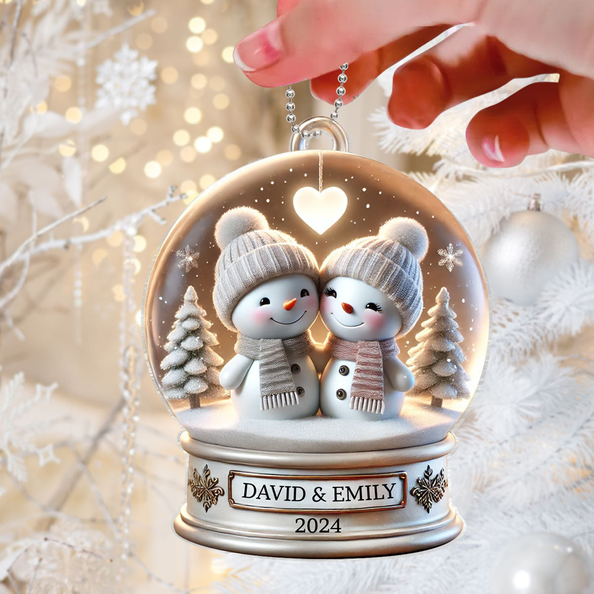 Snow Globe Snowman Couple White Christmas Acrylic Ornament, Personalized Couple 3D Effect Ornament, Christmas Gift For Married Engaged Couples, For Couples