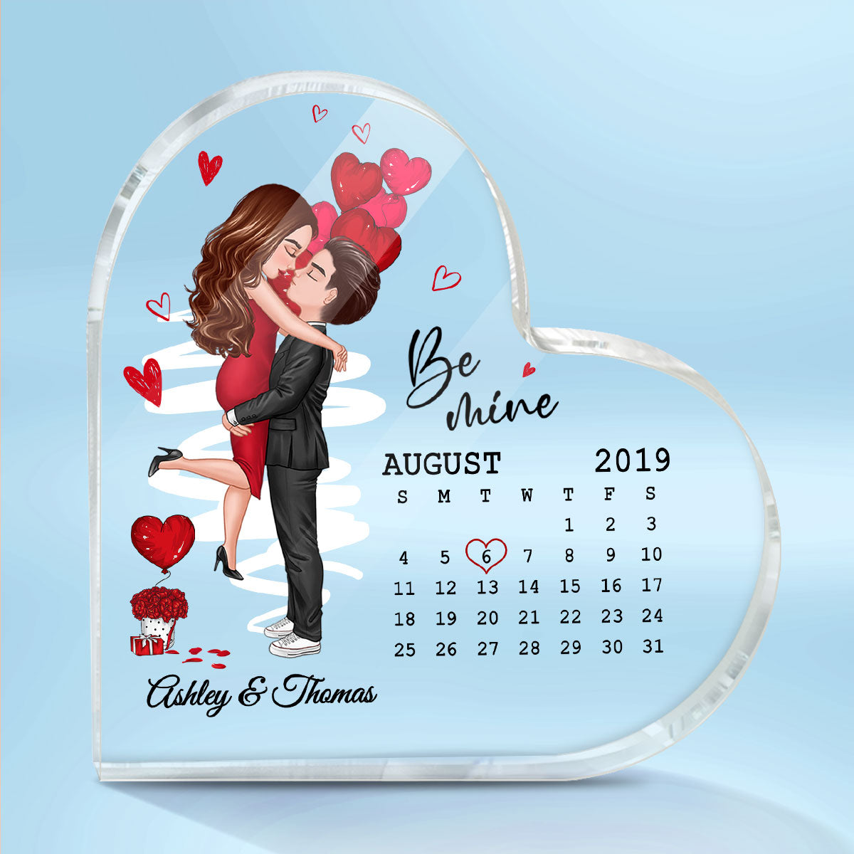 Be Mine Couple Kissing Calendar Personalized Acrylic Heart Plaque - Gift For Him Gift For Her