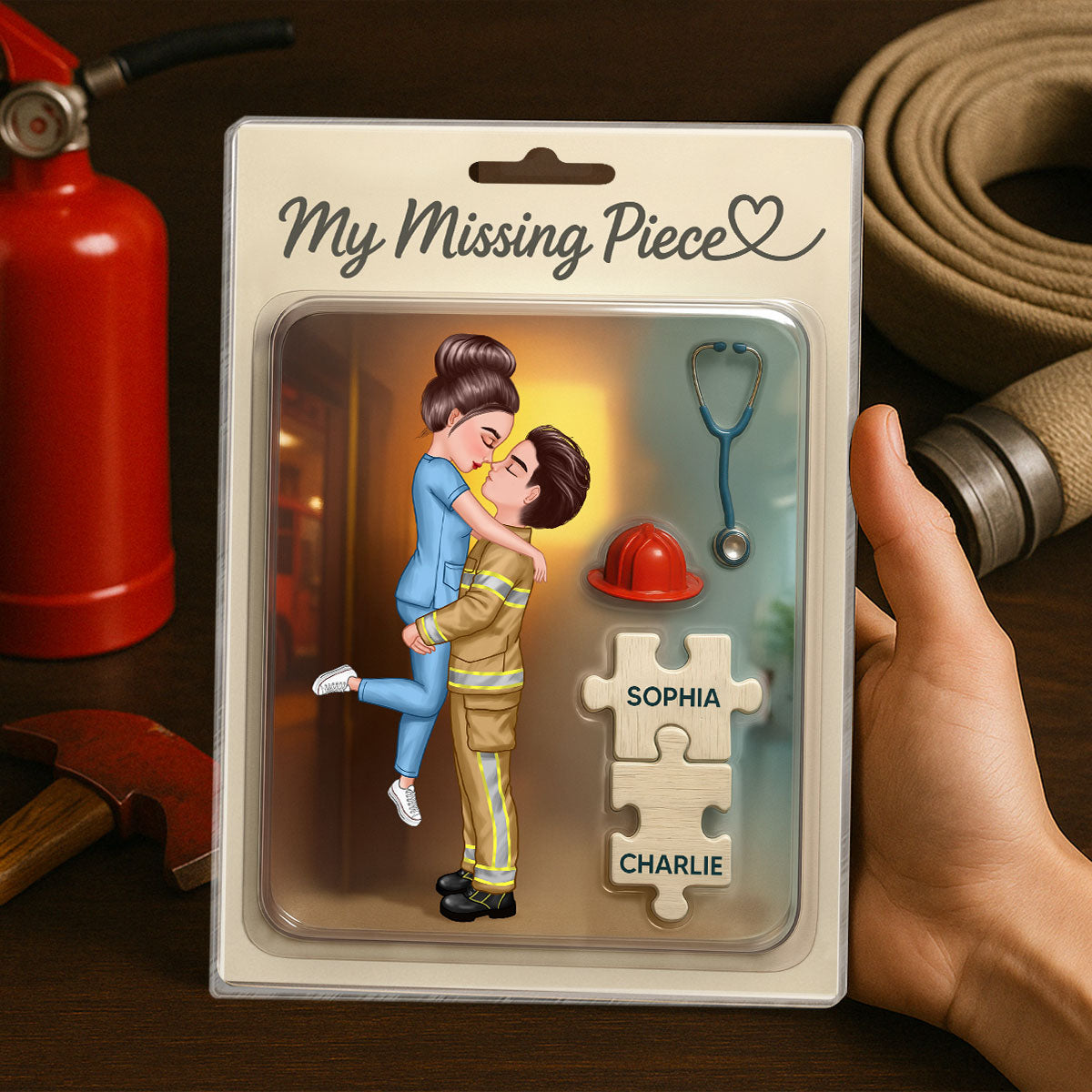 My Missing Piece Firefighter Nurse Doll Couple Personalized Acrylic Block Plaque, Gift for Him, Gift for Her
