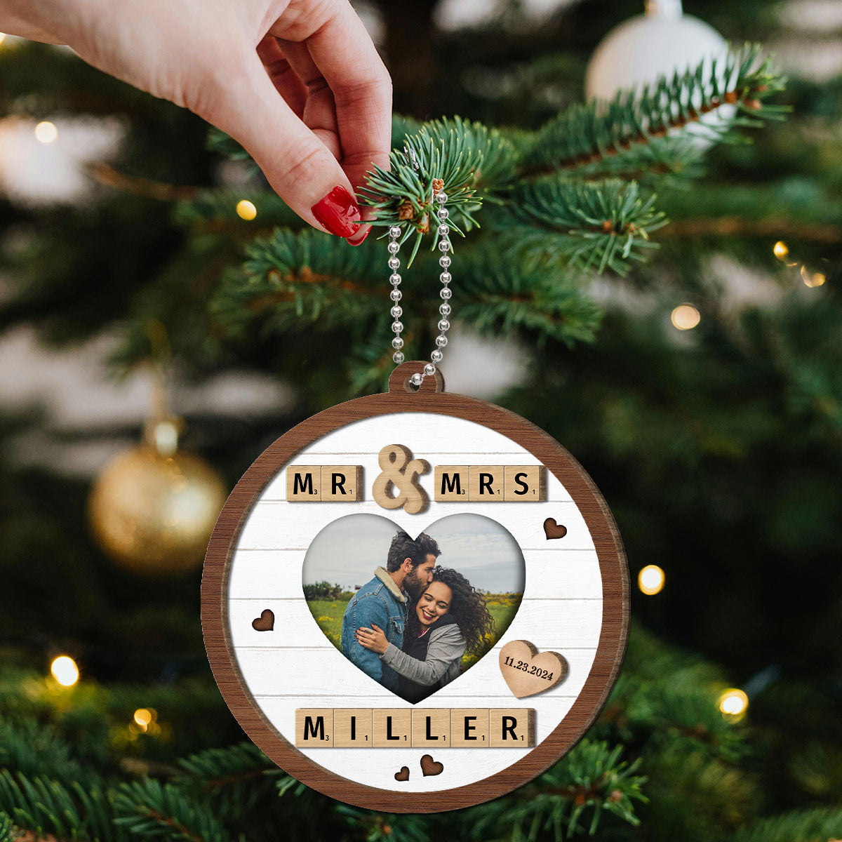 Mr & Mrs First Christmas Engaged Married Word Art Personalized 2-Layer Wooden Ornament