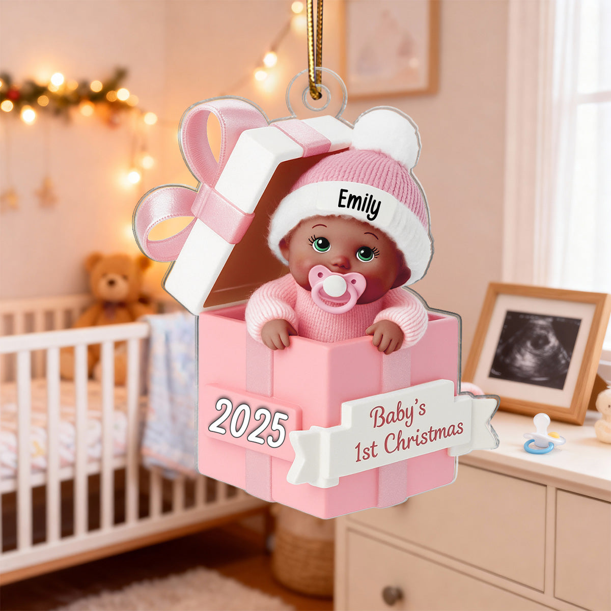 3D Effect Baby In Gift Box - Personalized Acrylic Ornament - First Christmas Keepsake