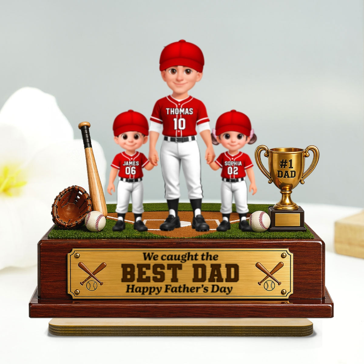 Baseball We Caught The Best Dad - Personalized 2-Layered Wooden Plaque - Father's Day Gift For Dad