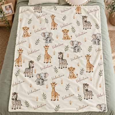 Safari Animal Print Custom Baby Name - Personalized Fleece Blanket - Nursery Jungle Animal Theme For Baby