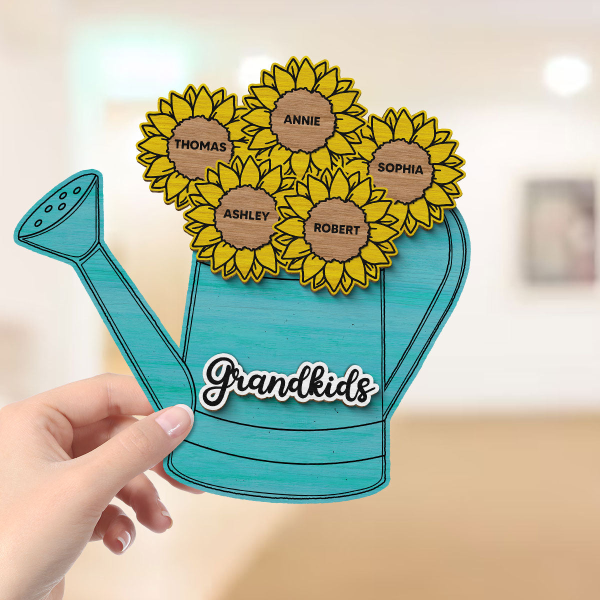 Grandkids Flowers Watering Can Personalized 2-layer Wooden Plaque