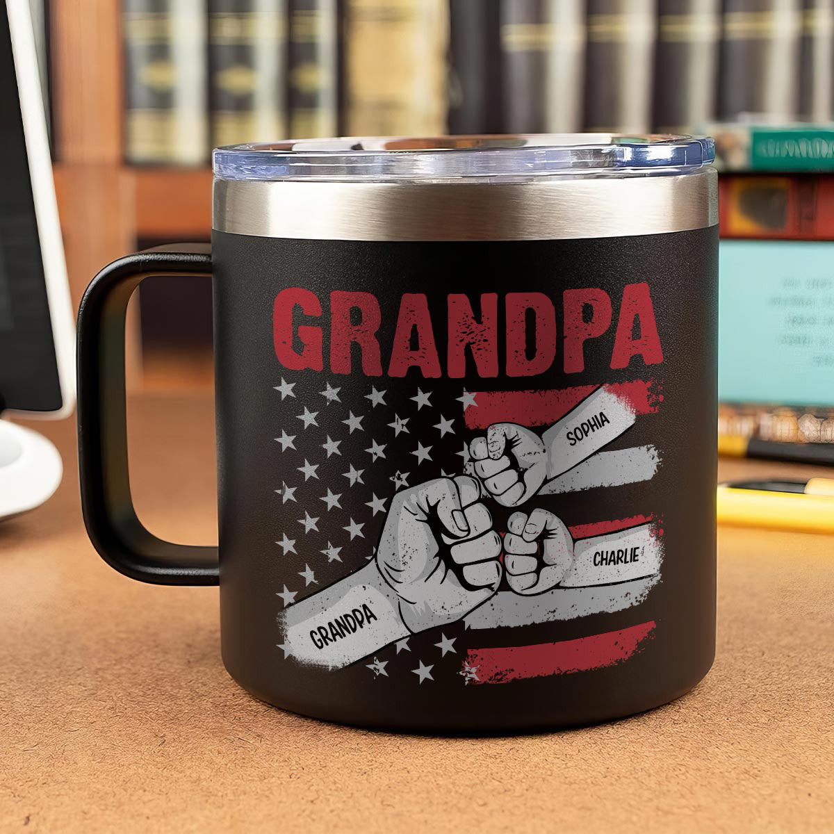 Grandpa Fist Bump Nation Flag Personalized Stainless Steel Tumbler With Handle, Birthday Gift For Grandpa, Father's Day Gift or Just Because