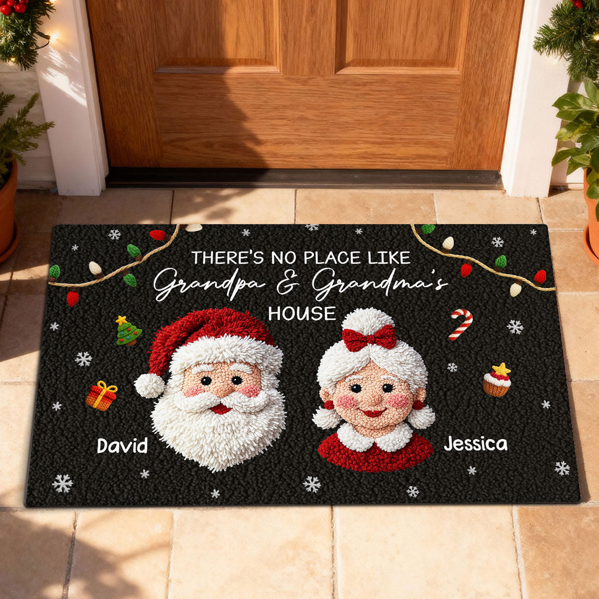 No Place Like Grandma Grandpa Santa Claus - Personalized Doormat - Latch Hook Yarn Faux Christmas Decor, Gift for Grandparents