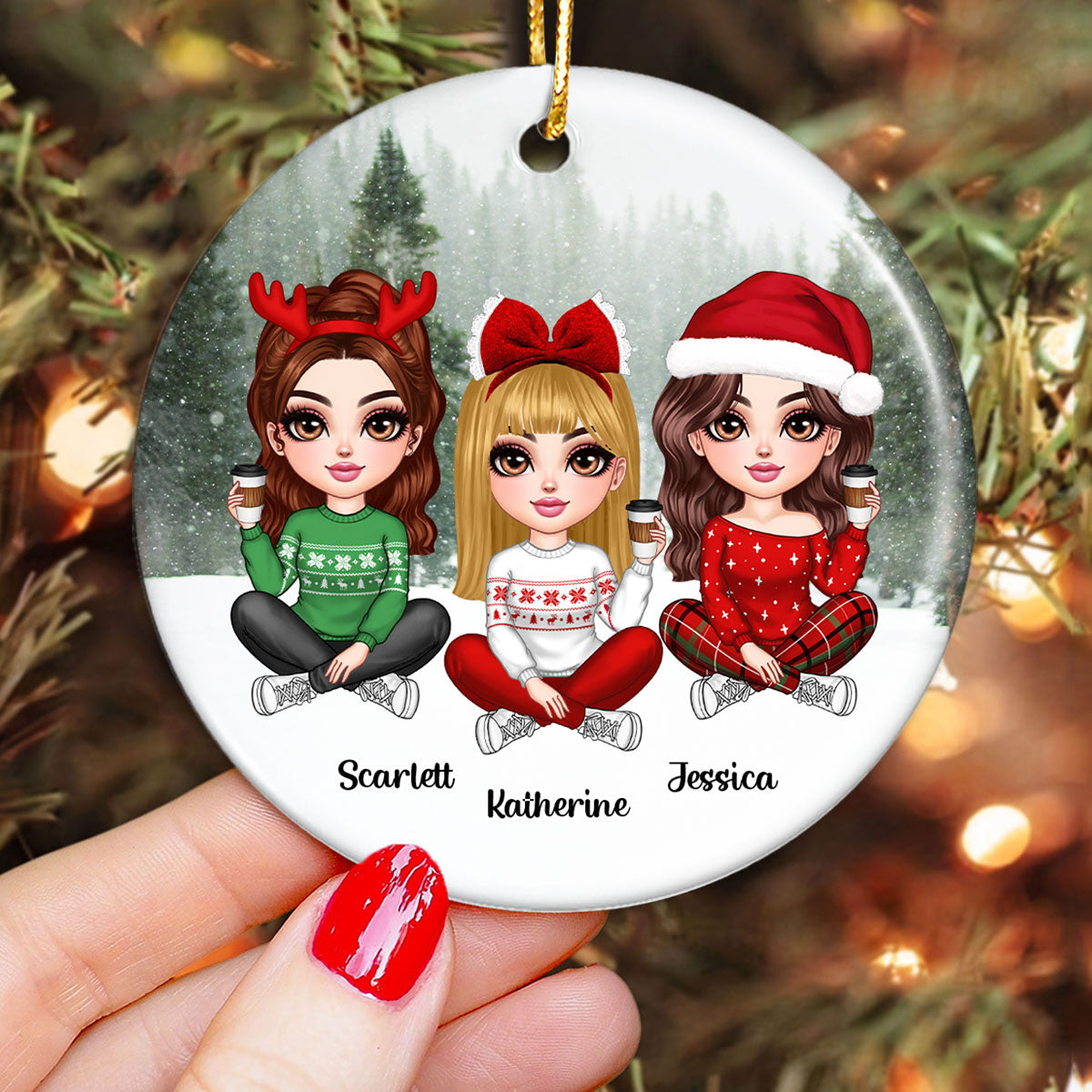 Realistic Winter Scene Besties Sisters Personalized Ceramic Ornament, Christmas Gift for Besties, Sisters, Friends