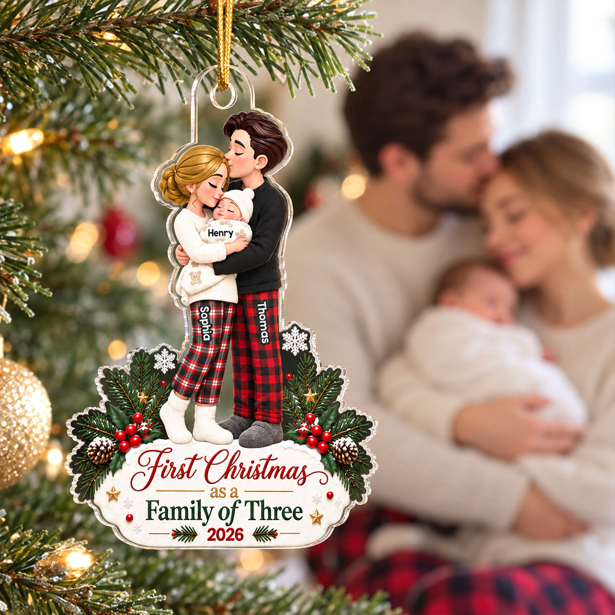 Our First Christmas As Family Of Three 2D Flat Printed - Personalized Acrylic Ornament - Christmas Tree Keepsake For New Parents