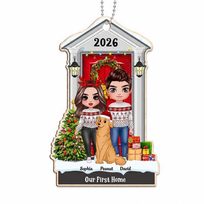 Standing Christmas Couple With Dog Personalized Wooden Ornament