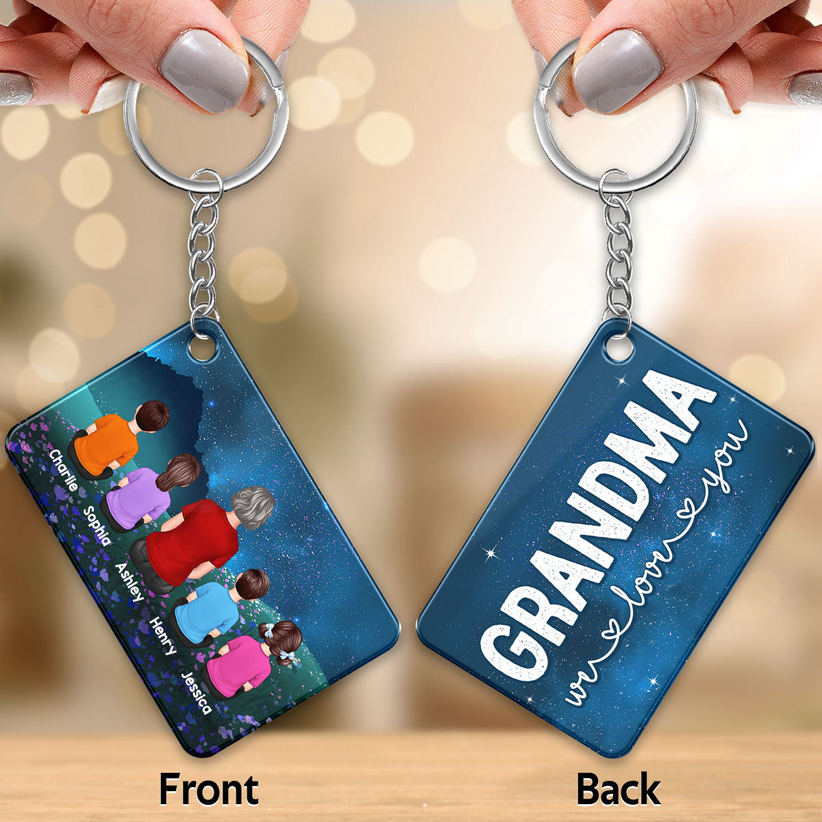 Grandma Grandkids Back View Sitting In Night Field Personalized Acrylic Keychain