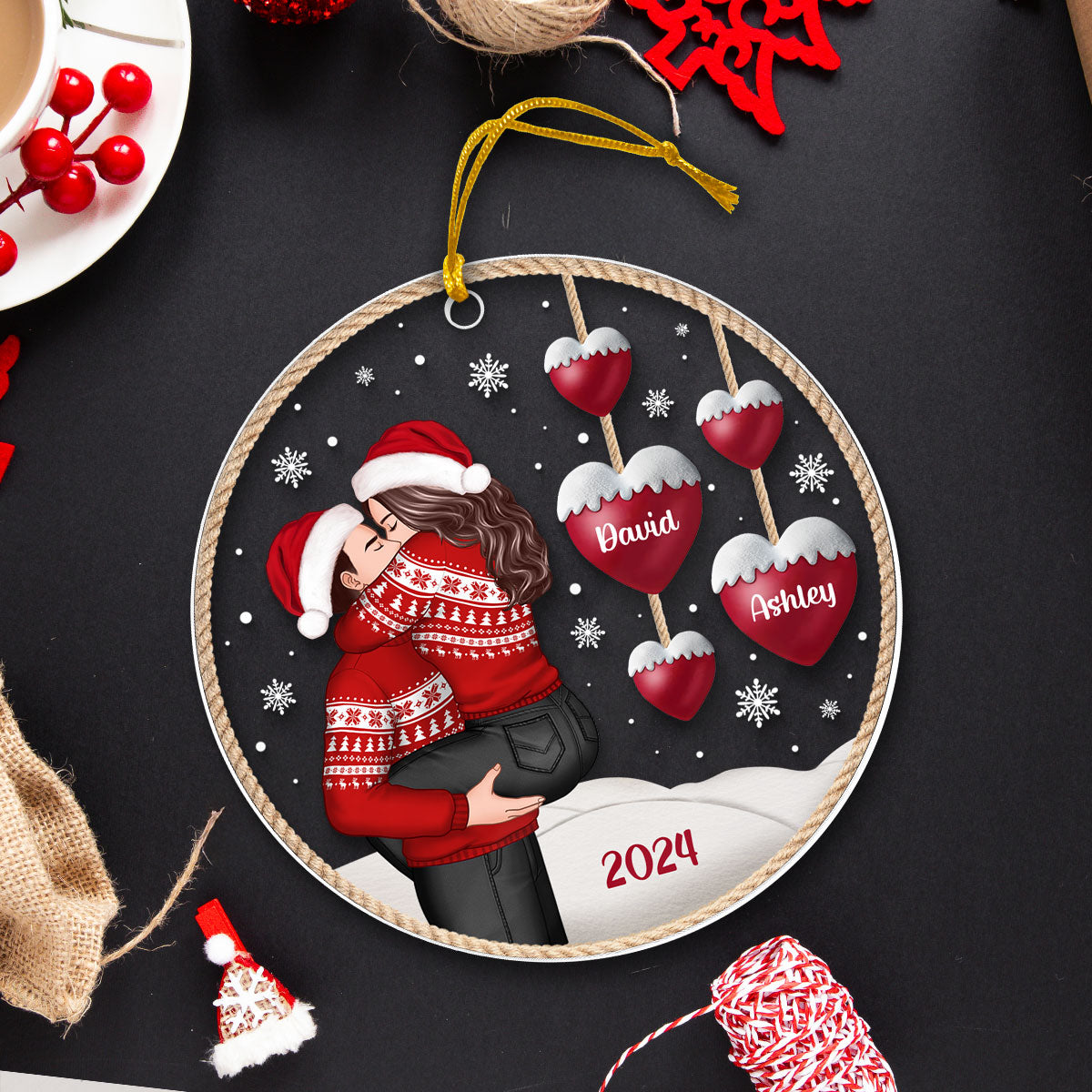Couple Heartstring Hugging Kissing Personalized Acrylic Ornament, Christmas gift for him, for her