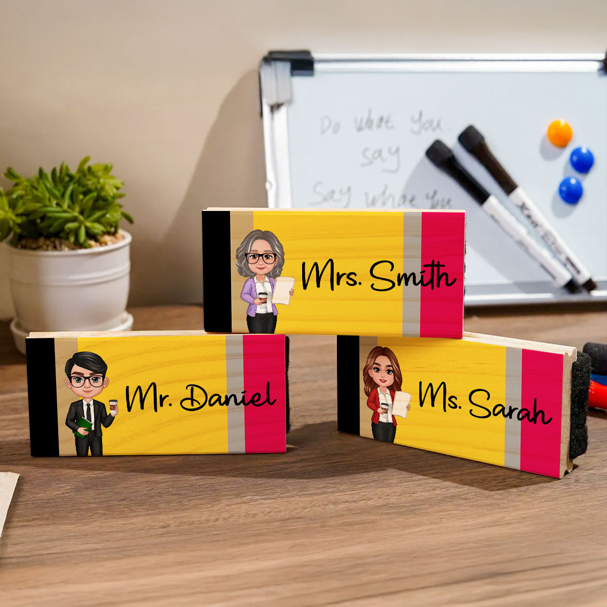 Doll Teacher Pencil Pattern Personalized Chalkboard/Whiteboard Eraser with Marker, Teacher Appreciation Gift, Back To School Gift