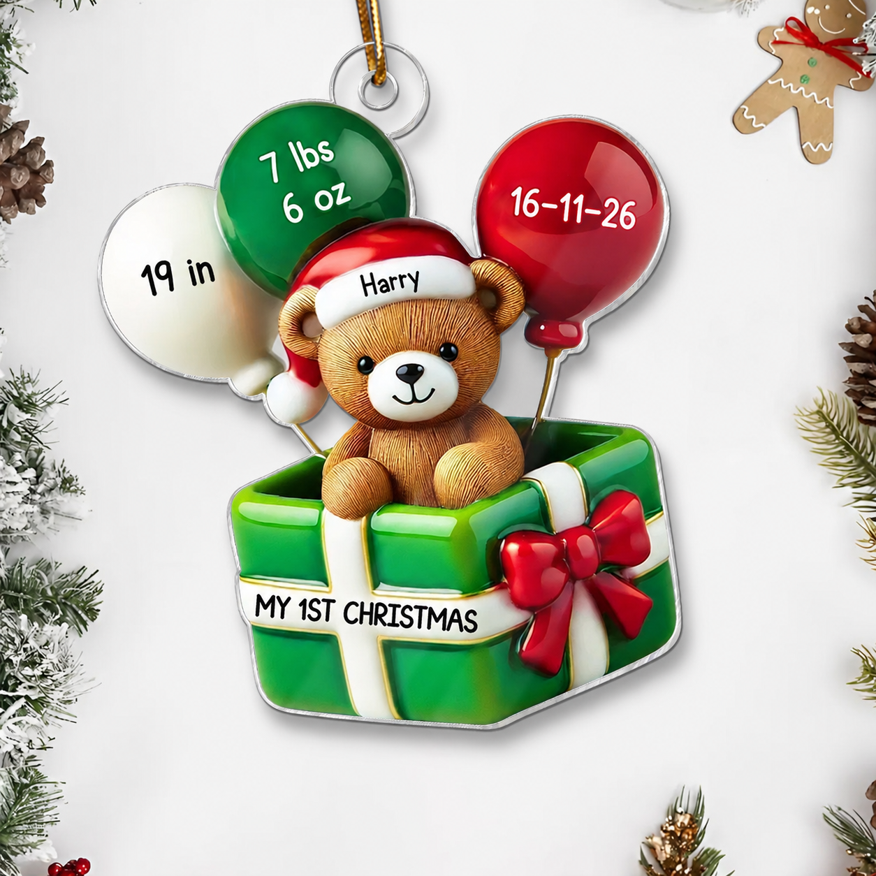 3D Effect Teddy Bear Baby First Christmas Personalized Acrylic Ornament, Newborn Christmas Gift