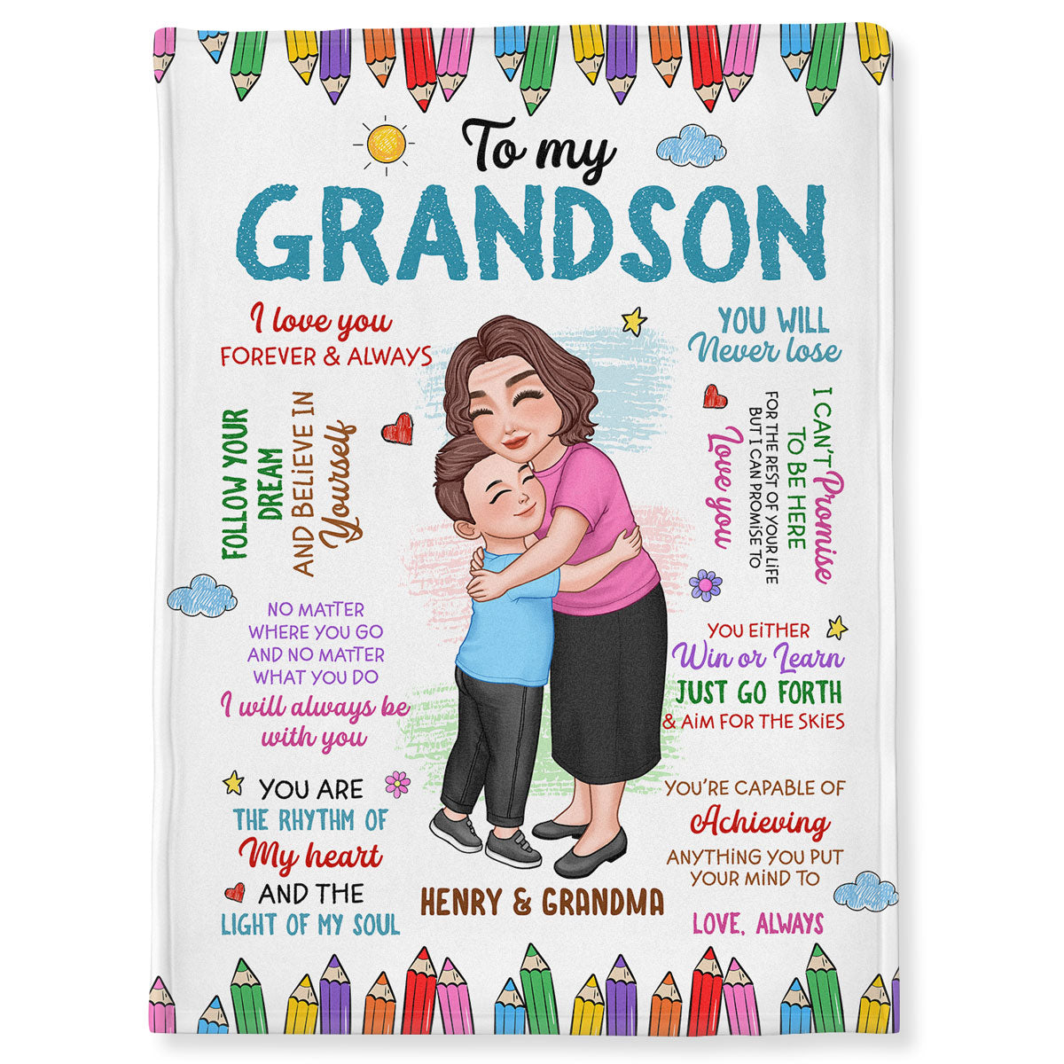Colorful To My Grandson Granddaughter Crayon Personalized Fleece Blanket
