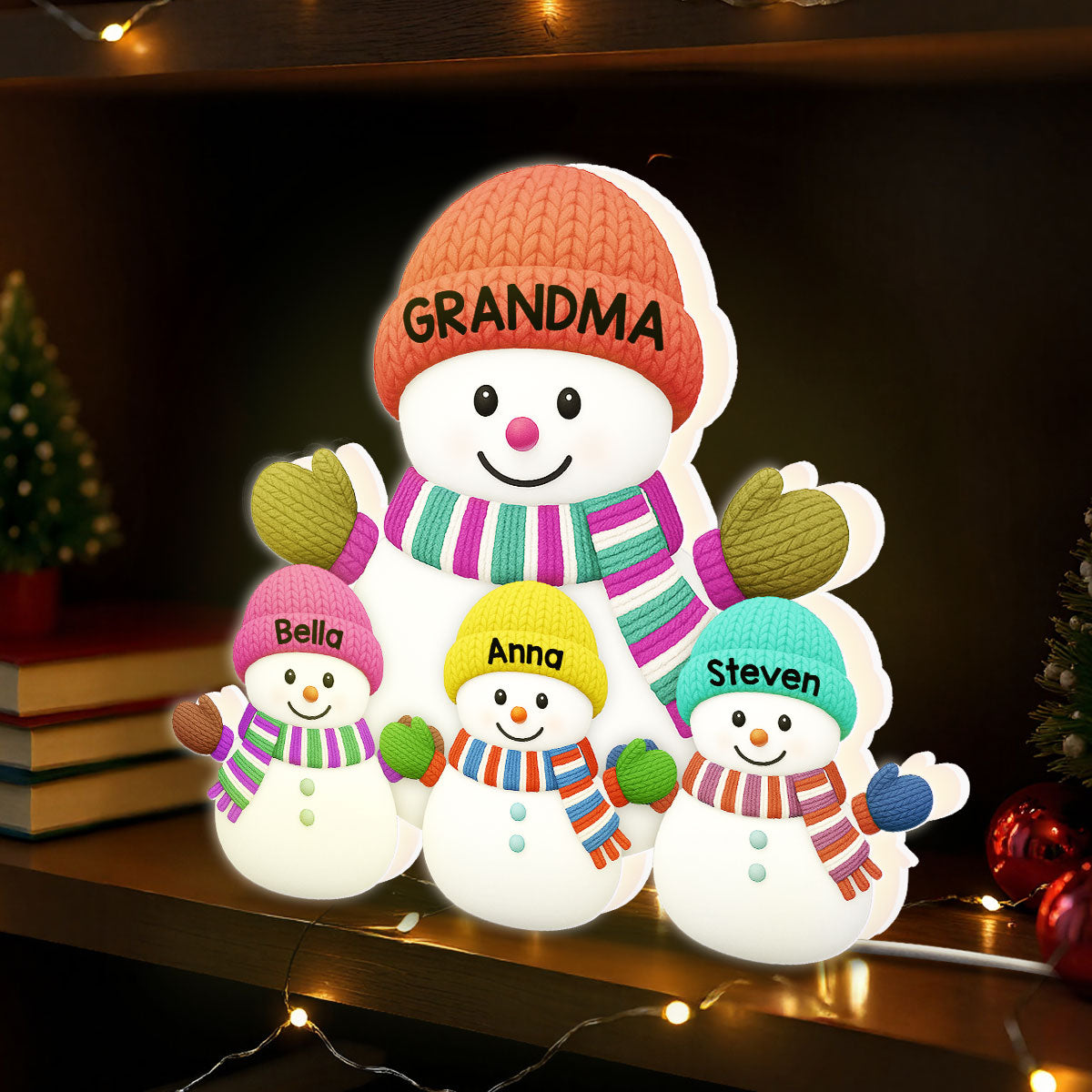 3D Effect Heartwarming Christmas Grandma Grandkids Snowman Together - Personalized Light Box - Gift For Grandmas