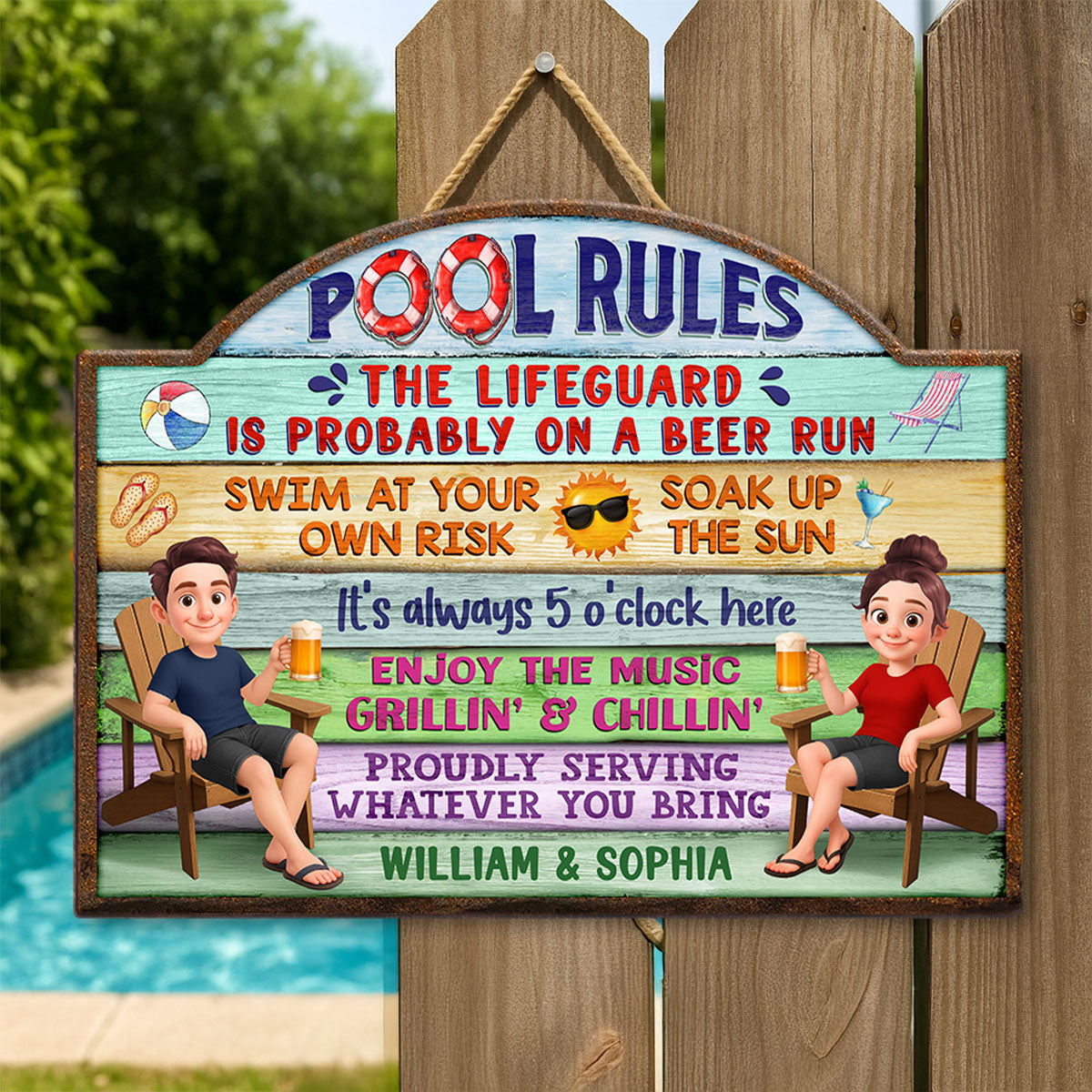 Cute Cartoon Couple Family Pool Rule Personalized Wood Sign