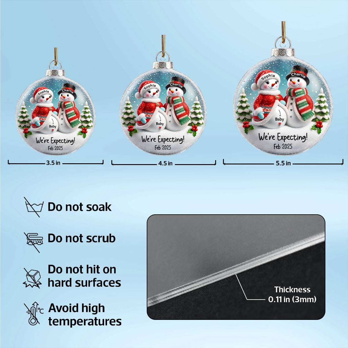 3D Effect Snowman Couple Expecting Parents Pregnancy Announcement Keepsake Personalized Acrylic Ornament