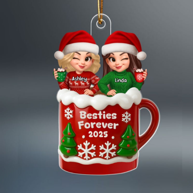 Christmas Besties Sisters In Hot Cocoa 3D Effect Personalized Acrylic Ornament