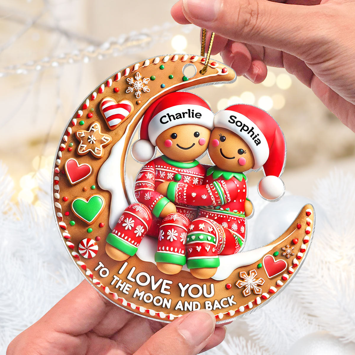 3D Effect Gingerbread Couple I Love You To The Moon And Back Personalized Acrylic Ornament, Christmas Gift For Him, For Her