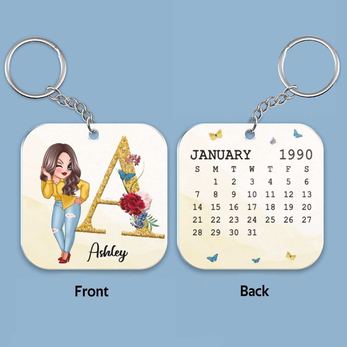 Pretty Girl Doll Woman Birthday Calendar Date Initial & Name Personalized Acrylic Keychain